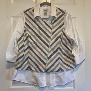 Chico’s Black Label Zip Striped Vest Button Blouse 2-Pc Top Blue NWT Size 3 XL